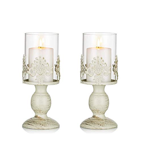 Sziqiqi Vintage Distressed Ivory Hurricane Candle Holders 2pcs, Versatile Metallic Pedestal Glass Floral Centerpiece Base for Wedding Party Home Decoration Fireplace Mantel Decoration 33cm/13in