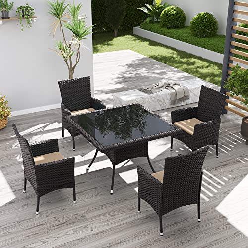5PCS Patio Outdoor Dining Set, Wicker Patio Furniture Set of 4 Rattan Chairs with Soft Cushions and Square Table with Umbrella Cutout, Navy Blue