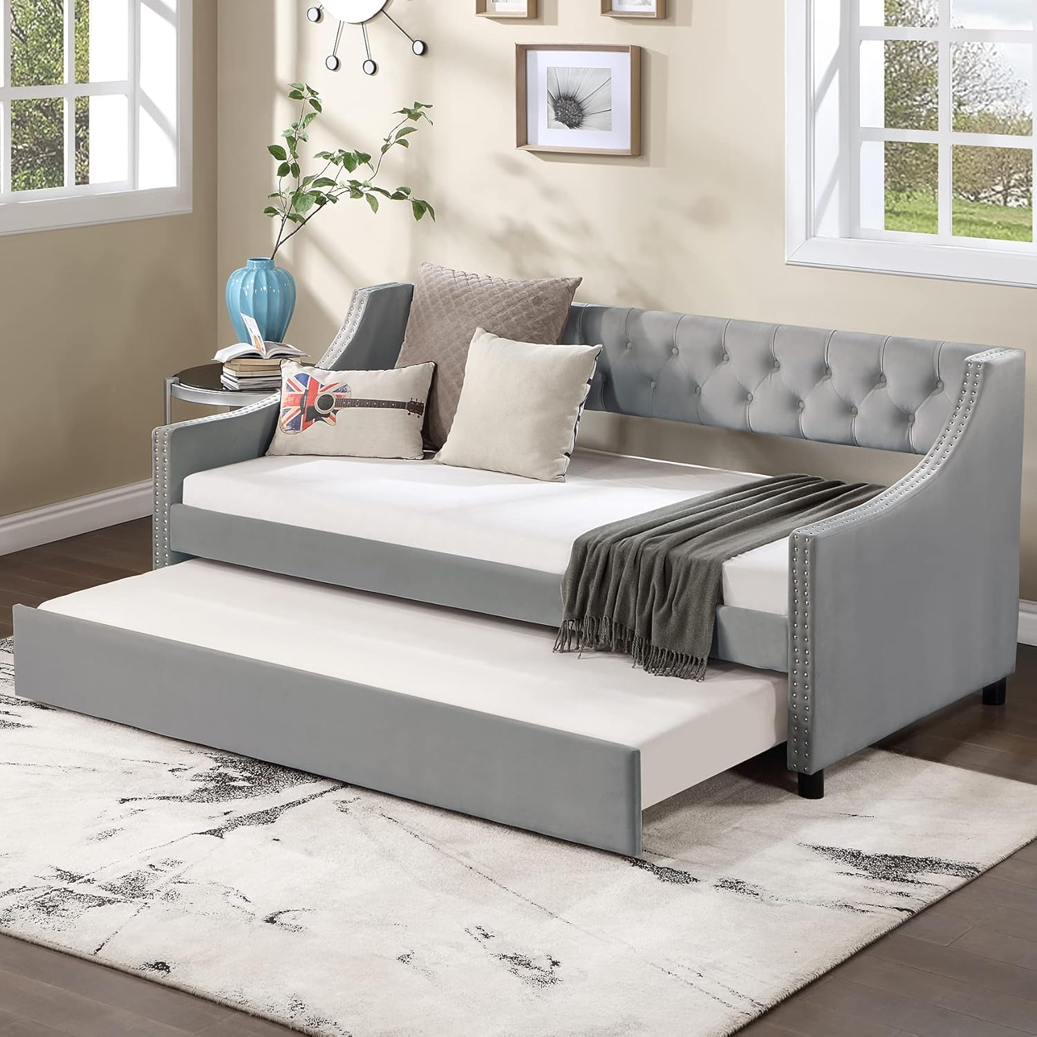 Bellemave Twin Upholstered Daybed with Trundle Tufted Button Mid-Century Day Bed Frame Wing-Back Sofa Wood Slats for Living Room Bedroom, Both Size, Gray