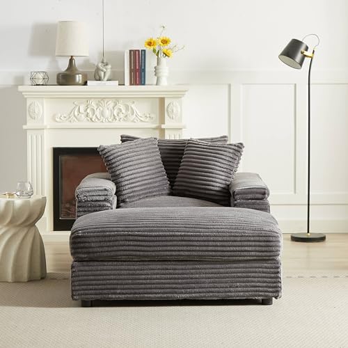 Corduroy Fabric Sofa Couch with 2 Ottomans, 86.6 Inch Width Oversize Loveseat, 3 Seater Comfy Cloud Couch for Living Room Bedroom Apartment-Grey