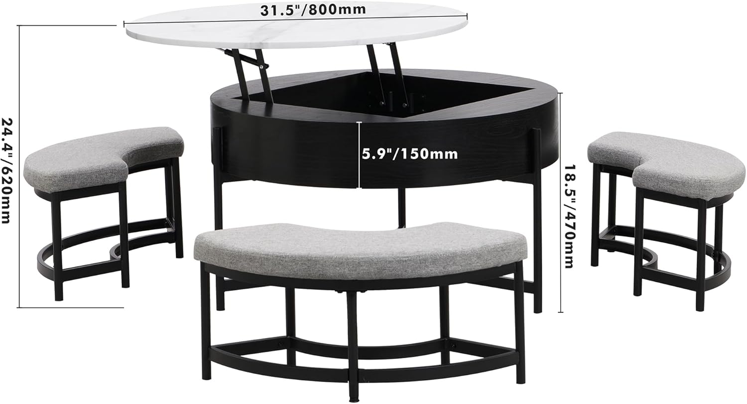 Round Lift Top Coffee Table with 3 Ottoman, Modern Wooden Center Teatable with Hidden Storage, for Living Room, Bedroom, Office, White & Black