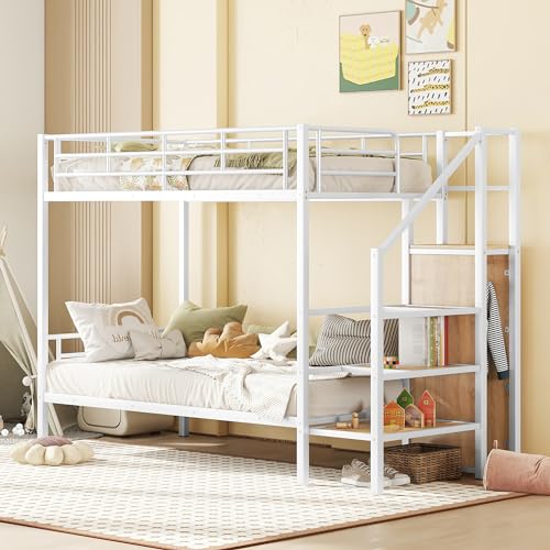 Bellemave Full Over Full Bunk bed，Bunk bed with Storage Stairs and Wardrobe, Bunk bed for adults/kids/teens, Bunk bed for school, bedroom, White