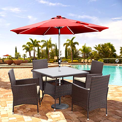 Solaste 5 Piece Patio Dining Sets, Patio Table and Chairs for 4 with Cushions, Wicker Outdoor Dining Set w/Square Tempered Glass Tabletop with Umbrella Hole, for Backyard, Balcony, Porch, Brown