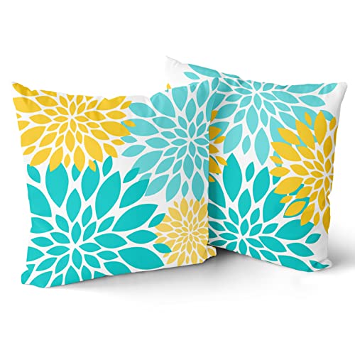 Teal Pillow Covers 18x18 Inch Set of 2 Turquoise Outdoor Throw Pillow Covers Summer Green Square Cotton Throw Pillow Covers Modern Cushion Case for Home Sofa Patio Couch Bed Indoor Decoration