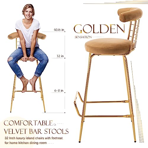 Bar Stools Set of 2, Upholstered Tufted Bar Chairs with Back, 27 Inches Kitchen Bar Stools with Footrest Teddy Fabric, Counter Height Bar Stools for Island, Counter Bar (Beige)