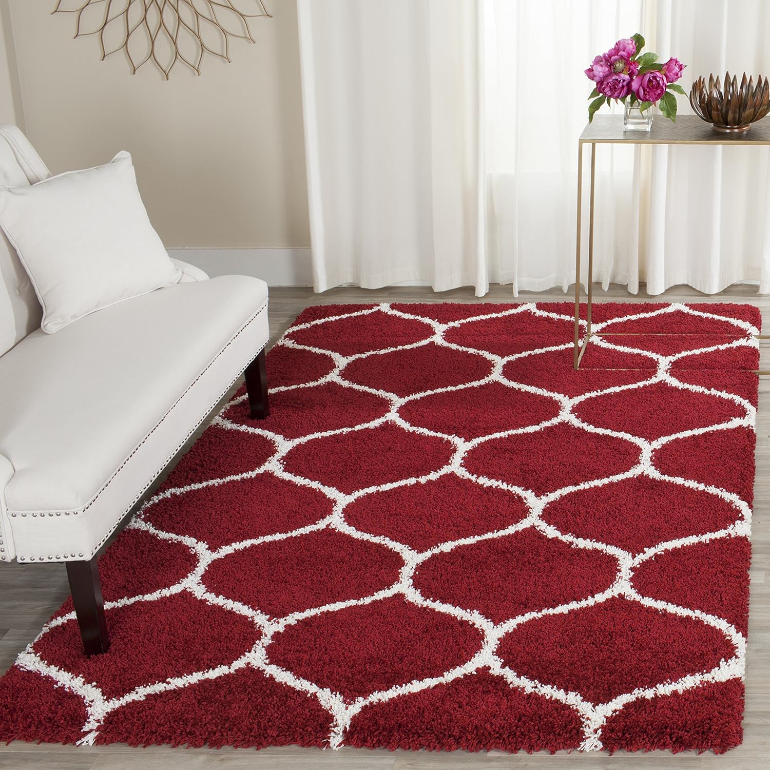 SAFAVIEH Hudson Shag Collection Area Rug - 9' x 12', Red & Ivory, Moroccan Ogee Trellis Design, Non-Shedding & Easy Care, 2-inch Thick Ideal for High Traffic Areas in Living Room, Bedroom (SGH280R)