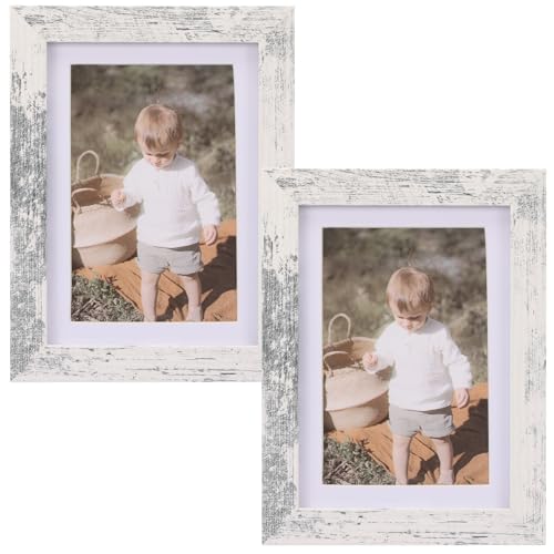 Fixwal Picture Frames, Set of 2 - 8x10 Distressed White MDF with Real Glass, Matted, Tabletop or Wall Mount, Rustic Decor