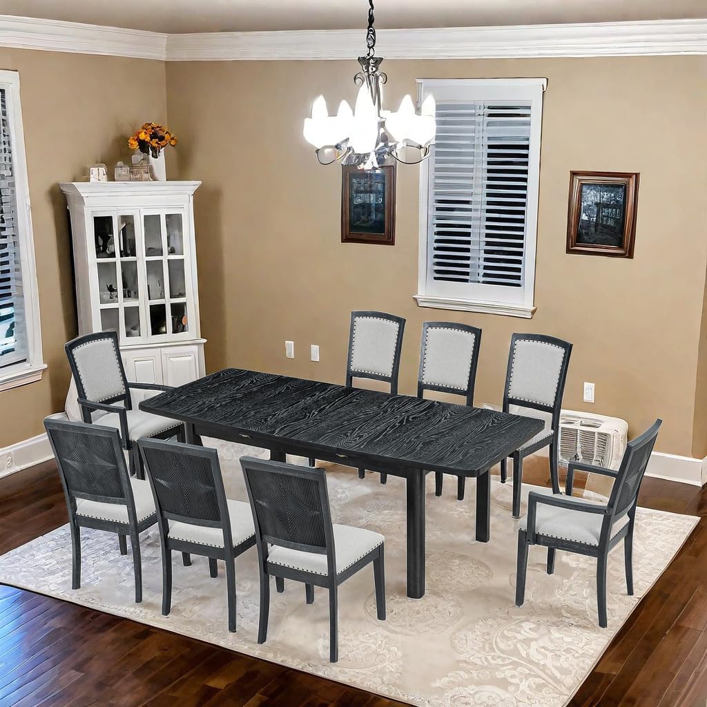 9 PCS Extendable Dining Table Set, Black+ Gray