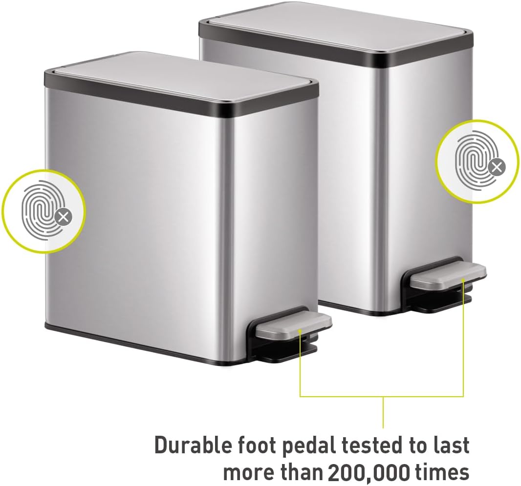 EKO Slim Small Bathroom Trash Can with Lid, Stainless Steel Kitchen Garbage Can with Removable Inner Bucket, 6L / 1.6 Gal 2 Pack Step On Trash Can Combo