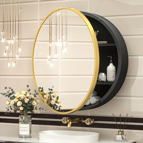 TokeShimi 24 Inch Round Bathroom Medicine Cabinet with Mirror Surface Mount Only Circular White Framed Farmhouse Medicine Cabinets for Wall Small Circle Mirrored Bath Cabinet with Vanity Mirror