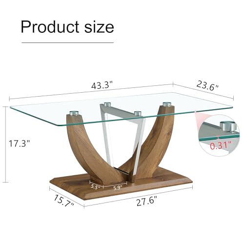 Rectangular Glass Coffee Table, Suitable for Living Room, Home Office, Transparent Tempered Glass Retro Coffee Table, with Wooden MDF Legs and Stainless Steel Decorative Columns.