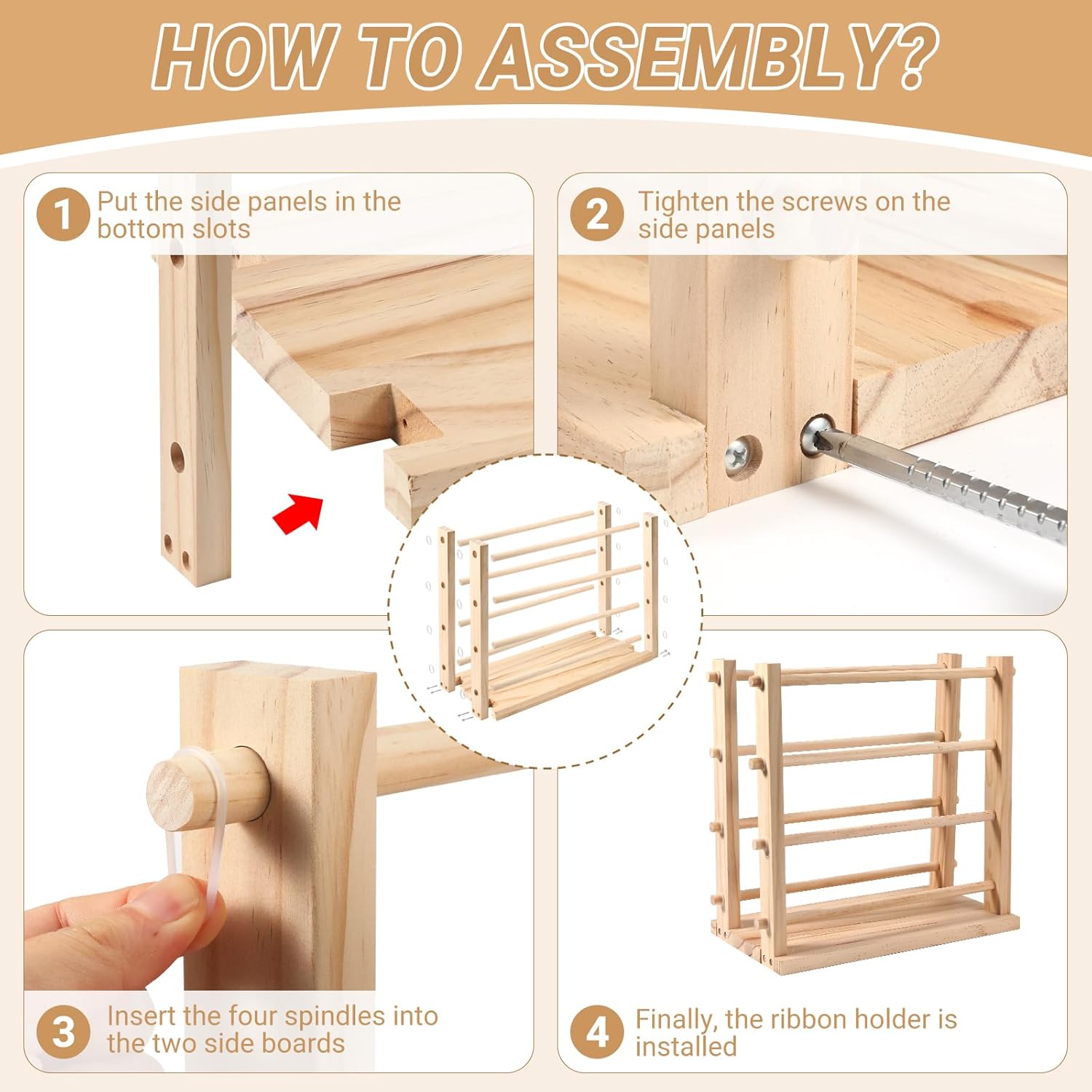 Two-row Ribbon Holder Organizer Rack - Wooden Ribbon Spool Holder for Mesh Ribbon Wreath Thread Tulle Roll Washi Tape, Ribbon Organizer for Craft Room, Florist Supplies, Wrapping Craft