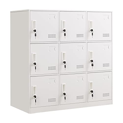 Metal Locker 9 Door Storage Cabinet, Steel Storage Lockers for Employees, with Lock and Ventilation, Office School Gym Use (Grey)