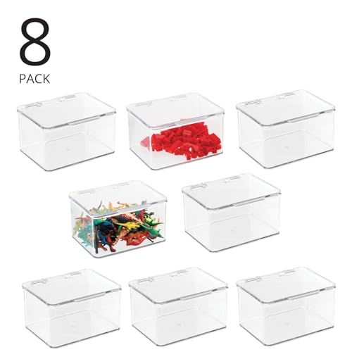 mDesign Plastic Playroom and Gaming Storage Organizer Box Containers with Hinged Lid for Shelves or Cubbies, Holds Small Toys, Blocks, Puzzles, Markers, Controllers, Lumiere Collection, 8 Pack, Clear