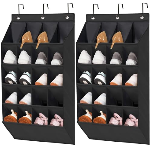 STORAGE MANIAC Over the Door Shoe Organizer, 2 Pack Hanging Shoe Organizer, 20 Large Pockets Shoe Storage Rack Organizer for Closet and Dorm Narrow Door Shoe Storage, Black