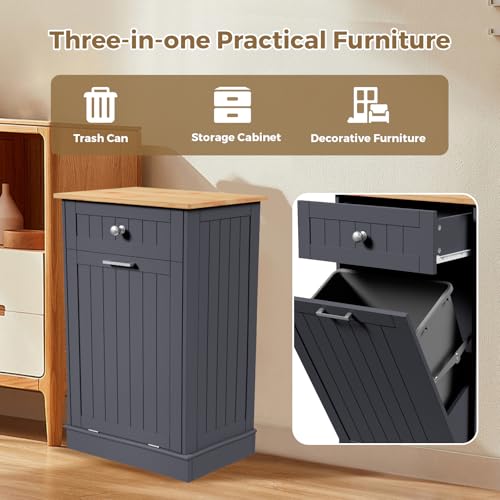 Tilt Out Trash Cabinet Kitchen Trash Can Holder Recycling Cabinet Laundry Hamper with Hideaway Drawer Wooden Bamboo Cutting Board with Added Countertop Space Keep Pets Out (White)