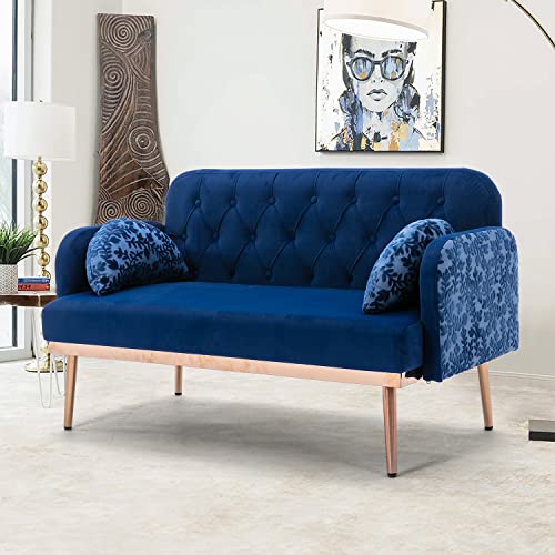 kevinplus Velvet Loveseat Sofa Couch for Living Room, Modern Accent Tufted 2 Seater Sofa Couch with 2 Pillows for Bedroom Apartment Office Studio Dorm Small Space, Metal Legs, Black