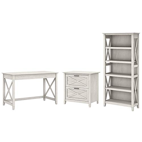 Bush Furniture Key West 48W Writing Desk with 2 Drawer Lateral File Cabinet and 5 Shelf Bookcase in Pure White and Shiplap Gray