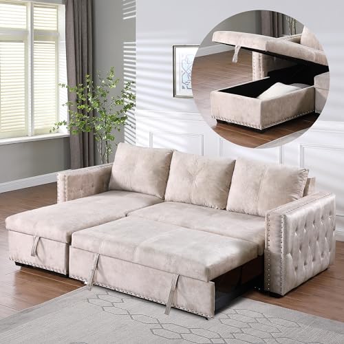 Morden Fort Sectional Sleeper Sofa [Large Size] with Chaise Storage 3 Seat L-Shape Sectional Couch with Pull Out Bed Velvet Gray