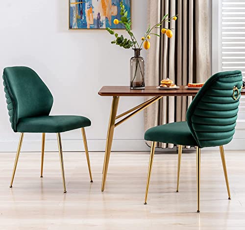 Guyou Cream Velvet Upholstered Dining Chairs Set of 2, Modern Accent Dining Room Chairs Tufted Armless Side Chair with Gold Legs and Ring Pull for Kitchen Living Room Bedrooms Vanity (Cream)