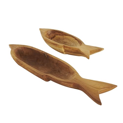 Deco 79 Teak Wood Fish Handmade Tray, Set of 2 24