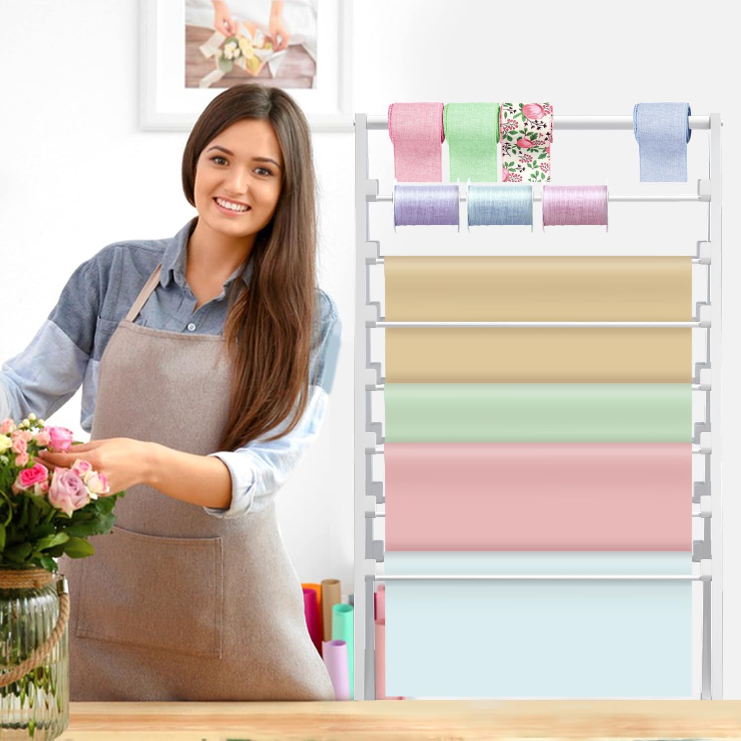 ikare Ribbon Holder,Ribbon Organizer,15 Tier Ribbon Holder Organizer Rack,Double-Sided Gift Wrapping Craft Ribbon Storage Shelf for Craft Room Cake Shop Flower Store,White