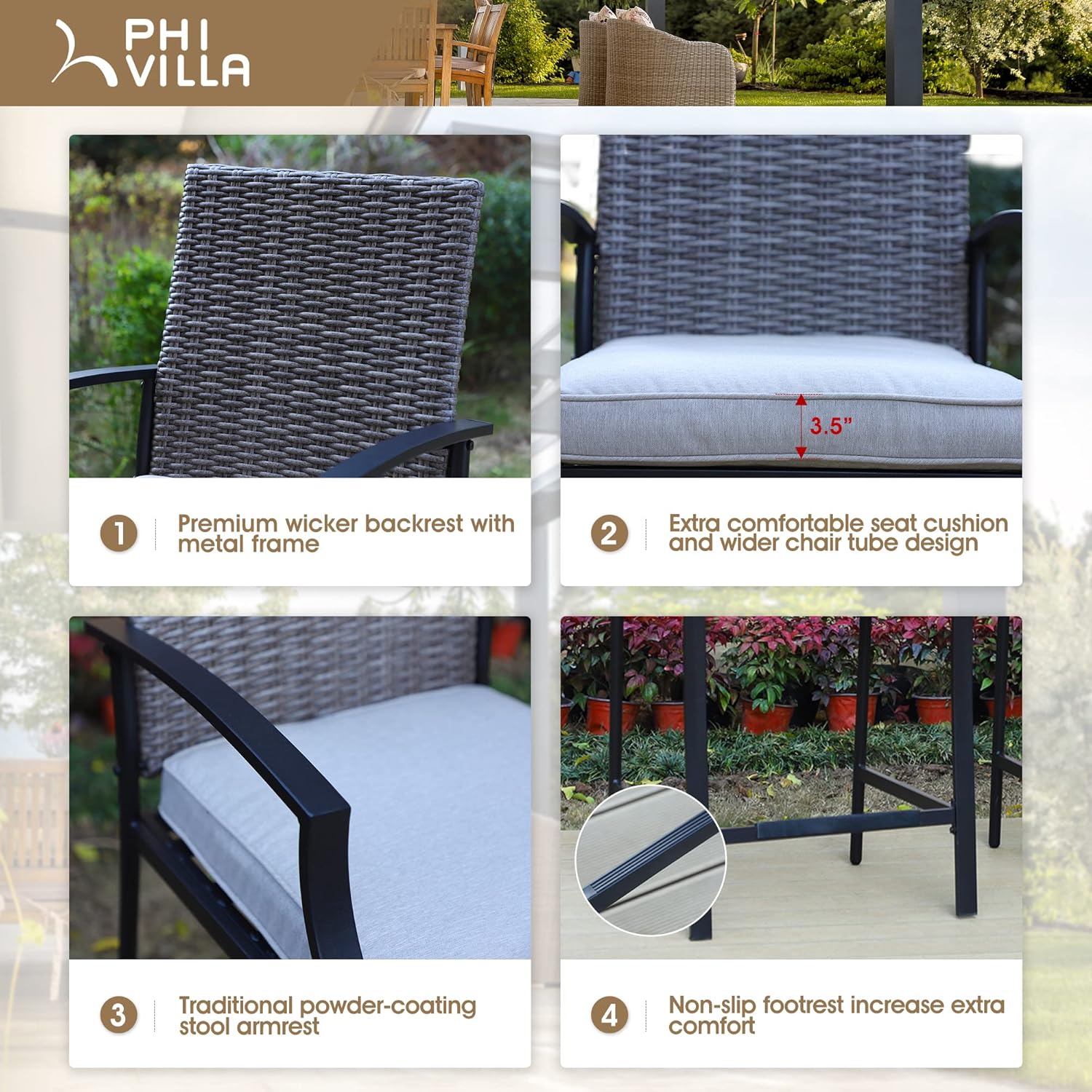 PHI VILLA 3 pcs Outdoor Patio Bar Bistro Sets, Wicker Back Bar Height Chair Stools with 3.5