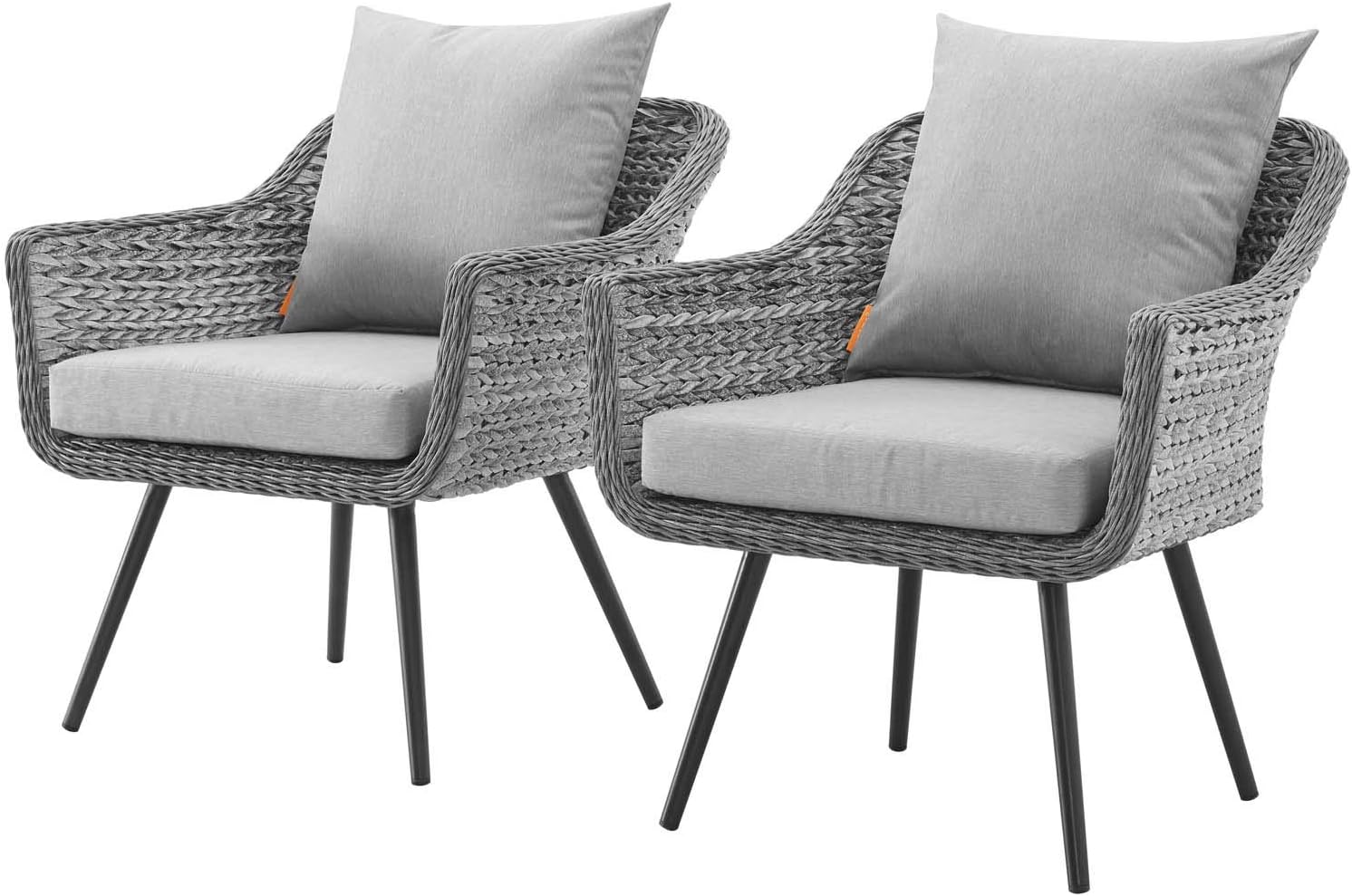Modern Outdoor Patio Garden Side Dining Armchair Chair, Set of Two, Fabric Rattan Wicker, Grey Gray