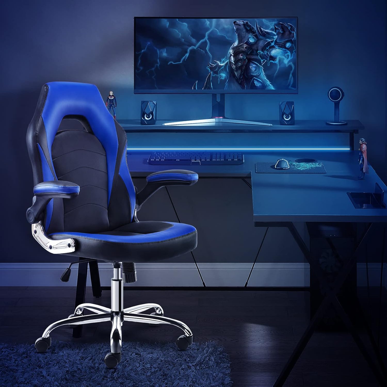 Gaming Chair - Office Chair Mid Back Computer Chair Desk Chair with Flip-up Armrest and Height Adjustable Splicing PU Leather Swivel Home Office Desk Chair with Lumbar Support for Adults