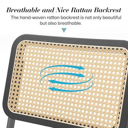 Faux Leather Dining Chairs Set of 4, Upholstered Armless Dining Room Chairs with Metal Chrome Frame, Modern Kitchen Chairs with Mesh Rattan Backrest and Plastic Footmat, Black