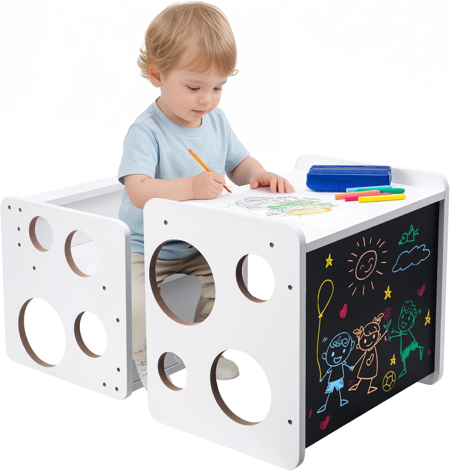 COMAX 3-in-1 Weaning Table Cube Chair Montessori Baby Table and Chair Set for Toddlers 1-3, Small Toddler Chair and Table Set, Wood Single Infant Activity Dining Table