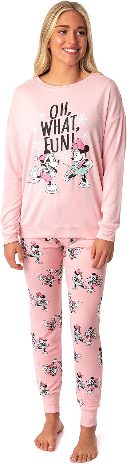 Disney Womens' Minnie Mickey Mouse Oh What Fun Holiday Plus Size Pajama Set (1X) Pink