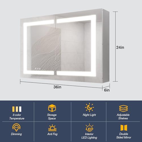 Lighted Medicine Cabinet with Mirror, 36 Inch Bathroom Cabinet with Touch Switch, Modern Aluminum Storage Cabinet for Bathroom in Silver Finish