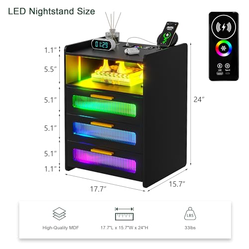 HNEBC LED Nightstand with Wireless Charging Station and 3 Drawer, Small Nightstand, Modern Bedside Table with RGB Color Dynamic Lights, Smart Night Stand has Motion Sensor Lights/USB Ports(Black)
