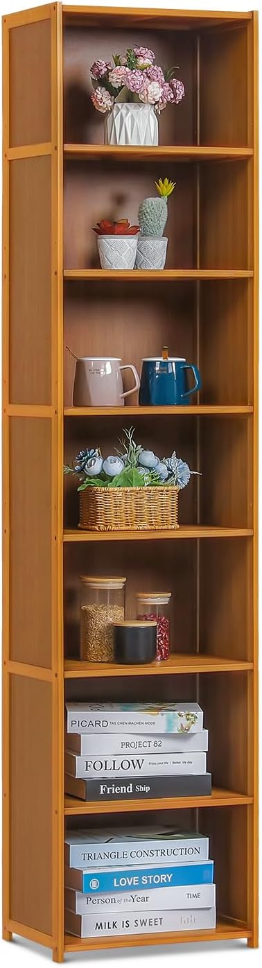 Magshion 7-Tier Narrow Bookcase Brown Media Tower Rack, 15.7