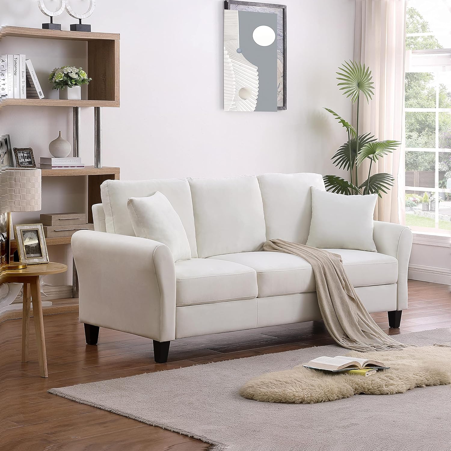 Modern Velvet Couch with 2 Pillow, 78 Inch Width Living Room Furniture, 3 Seater Sofa with Plastic Legs (White)