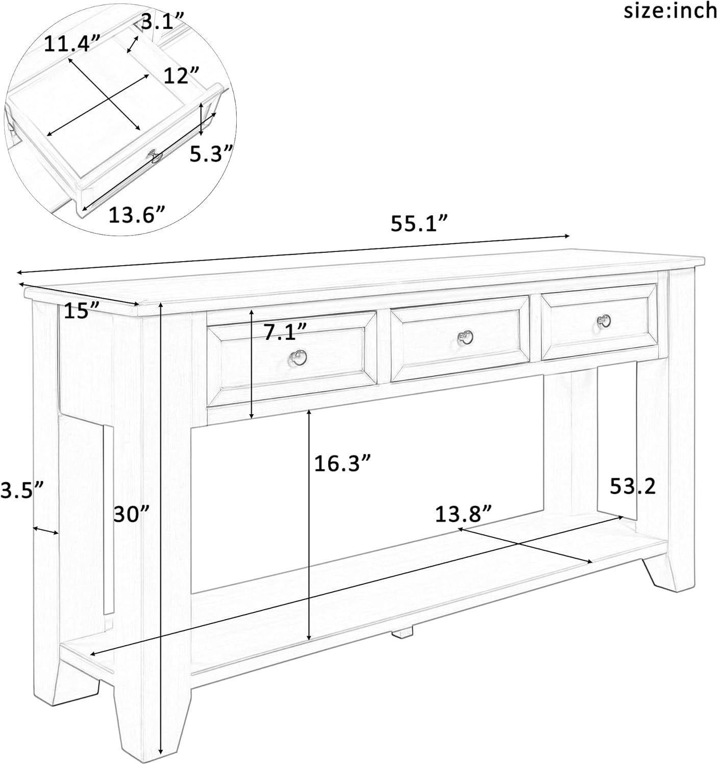 55'' Modern Console Table with Drawers, Narrow Wooden Sofa Side Table Entryway Table with Storage Shelf Behind Couch Table Hallway Foyer Table for Living Room,Retro White