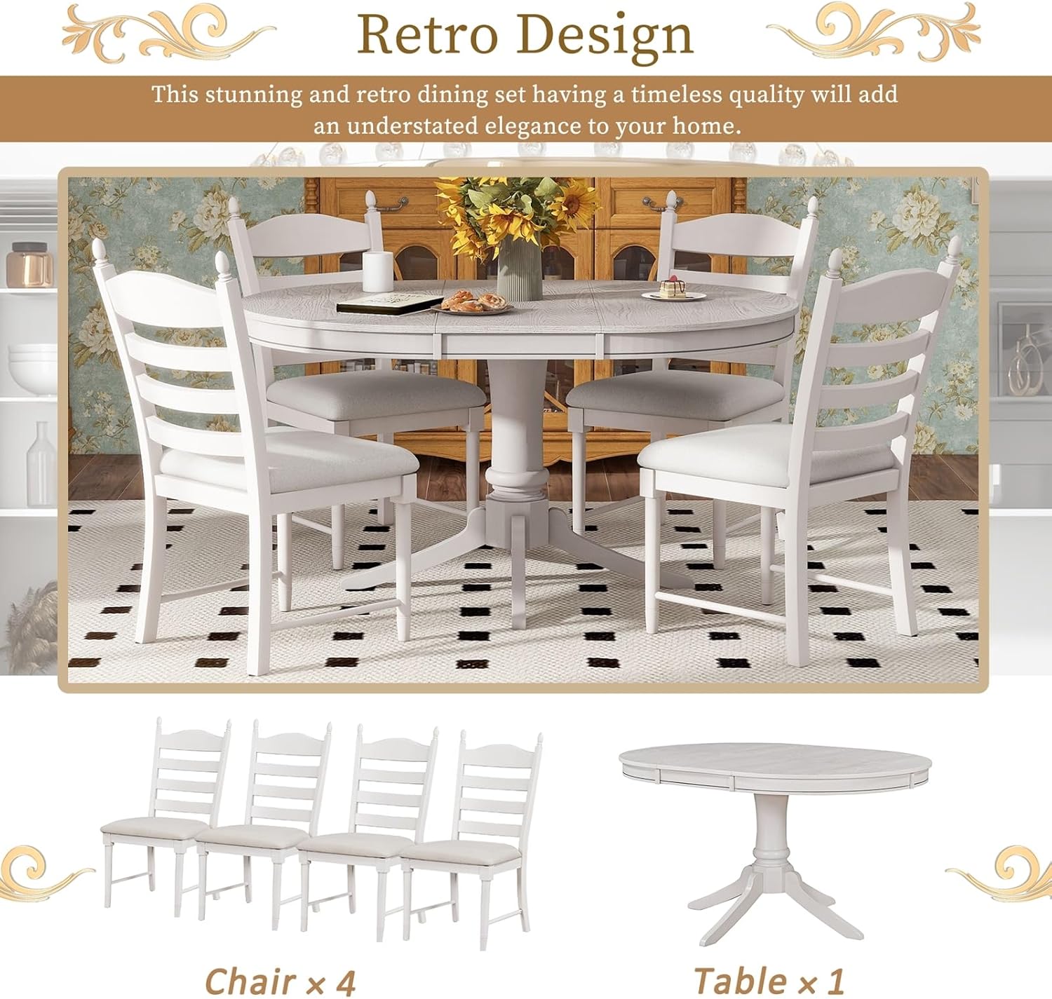 5-Piece Retro Functional Dining Table Set Wood Round Extendable Dining Table and 4 Upholstered Dining Chairs (White),Antique White
