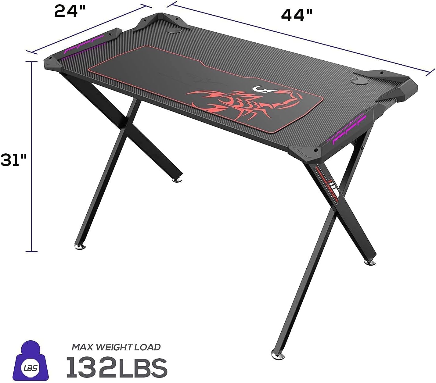 It's_Organized LED Light Computer Desk,44 X 24 Inches RGB Gaming Desk,Home Office Study Writing Tables Desk with Free Mouse Pad,Handle Rack,Cup Holder, Headphone Hook