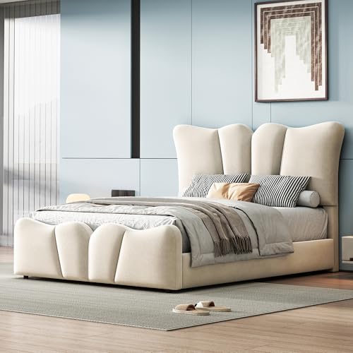 Queen Size Platform Bed with Thick Fabric, Teddy Fleece Upholstered Platform Bed with Curve-Shaped Design Headboard, Solid Wood Bed Frame for Boys Girls Kids Teens Adul (Gray + Fleece-21K)