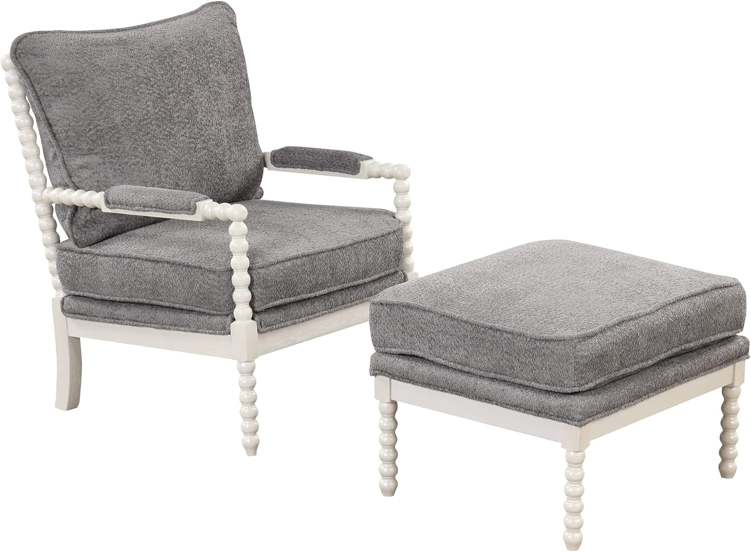 The Spindal Chair Velvet Accent Chair with Ottoman, Modern Lounge Accent Chair with Armrests pad, Reading Chair with Footrest for Small Space, Living Room, White,Gray