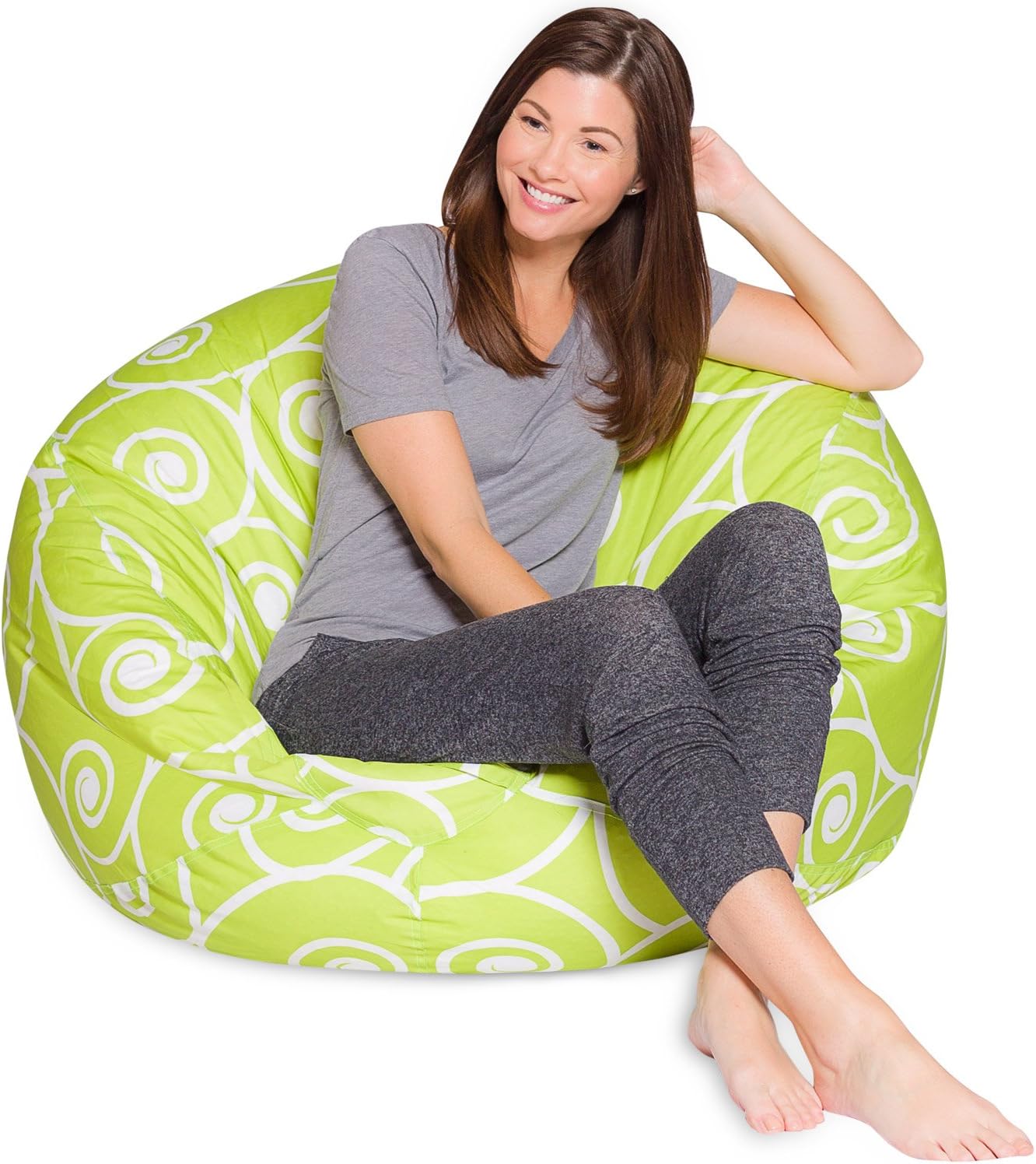 Big Comfy Bean Bag Chair: Posh Large Beanbag Chairs with Removable Cover for Kids, Teens and Adults - Polyester Cloth Puff Sack Lounger Furniture for All Ages - 35 Inch - Swirls Lime and White