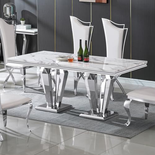Goujxcy White Marble Dining Table Luxury Faux Marble Kitchen Table with Silver Mirrored Finish Stainless Steel Legs,70