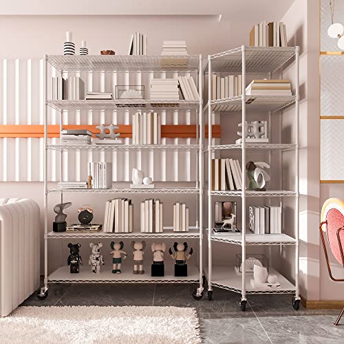 Metal Shelf Wire Shelving Unit, 2100lbs Capacity 6 Tier NSF Heavy Duty Pentagonal-Shape Corner Adjustable Storage Rack with Feet/Wheel & Shelf Liners for Office Garage, 82