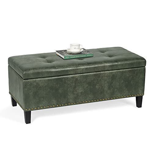 Homebeez Storage Ottoman Bench Velvet Tufted Foot Rest Stool with Nailhead Trim (Blue)