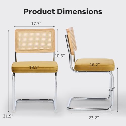 SoarFlash Velvet Dining Chair Set of 2 Modern Upholstered Kitchen Chair with Natural Cane Back, Stainless Chrome Base for Dining Room, Club(Green)