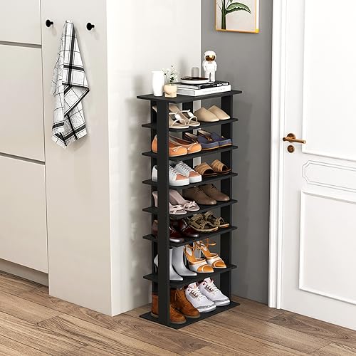 Tangkula 8 Tiers Vertical Shoe Rack, Patented Space Saving Corner Shoe Rack for 7 Pairs, Narrow Shoe Rack for Front Door Entryway