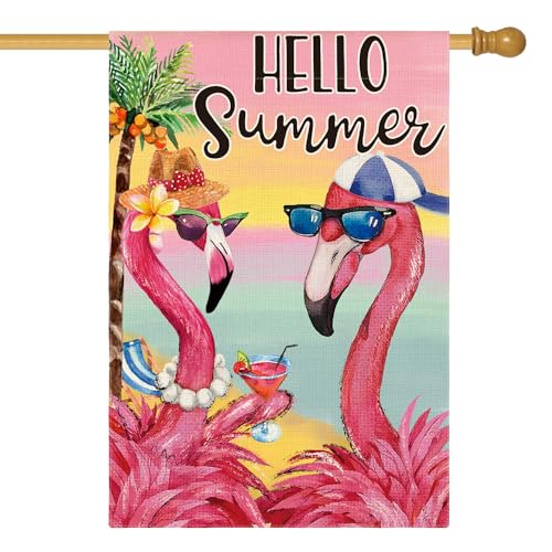 AVOIN colorlife Flamingo Hello Summer Garden Flag 12x18 Inch Double Sided, Welcome Seasonal Holiday Burlap Yard Outdoor Decoration