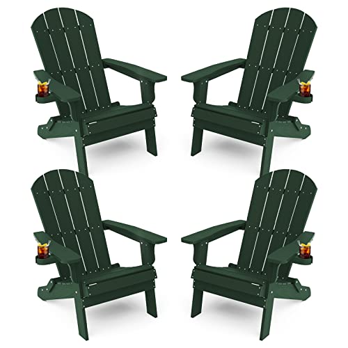 YEFU Adirondack Chair, Foldable Oversized Plastic Adirondack Chair Set of 4 with Cup Holder, Patio Chair with Weather Resistant for Outside Deck Lawn, Weight Capacity Up to 400 Lbs –Black