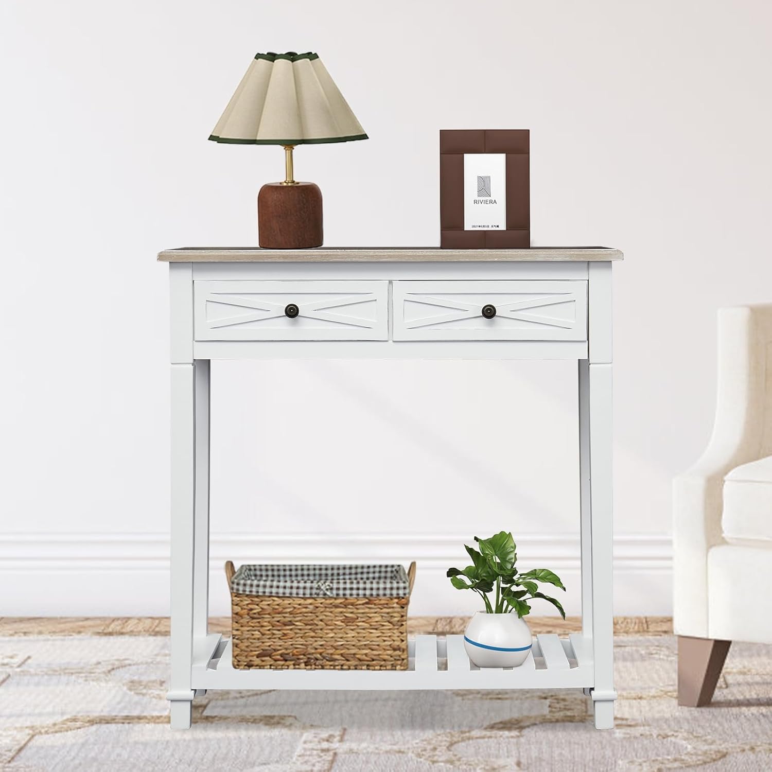 kinbor Console Table for Entryway with Drawers and Storage Shelf Sofa Table Narrow for Entryway Living Room Hallway, White